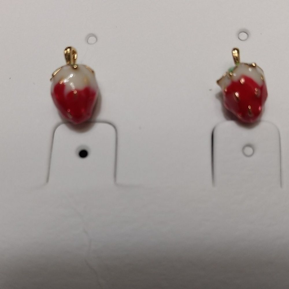 Gold tone strawberry earrings dainty red